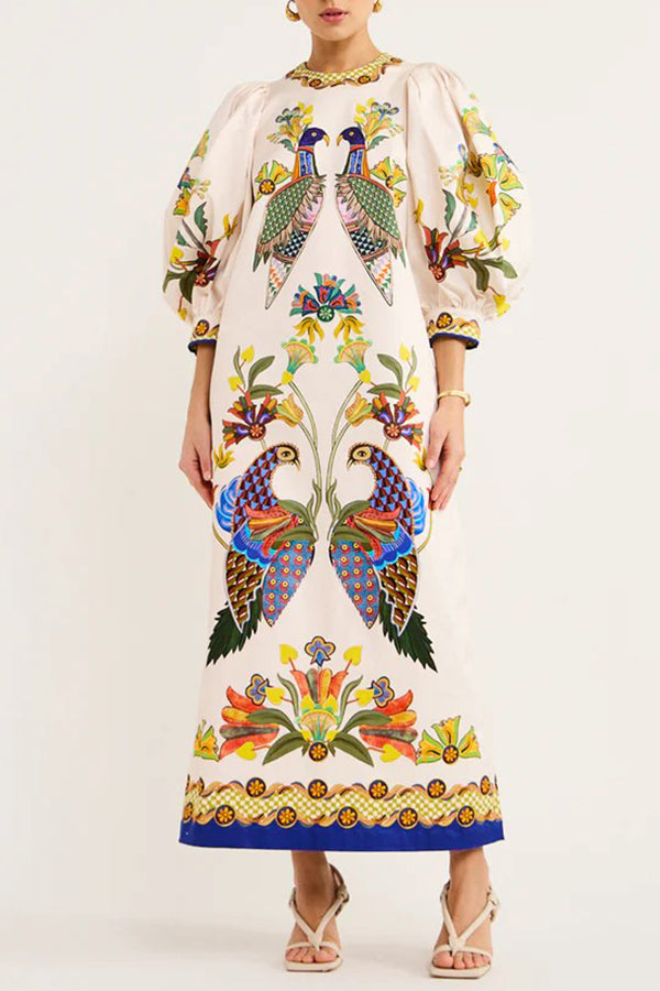 Bird Print Puff Sleeve Belted Border Hem Midi Dress