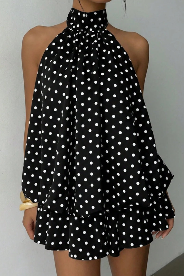 Halter High Neck Tiered Ruffle Polka Dot Romper Dress
