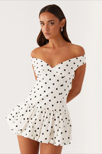 Polka Dot Off Shoulder Sweetheart Ruffle Hem Fit and Flare Mini Dress