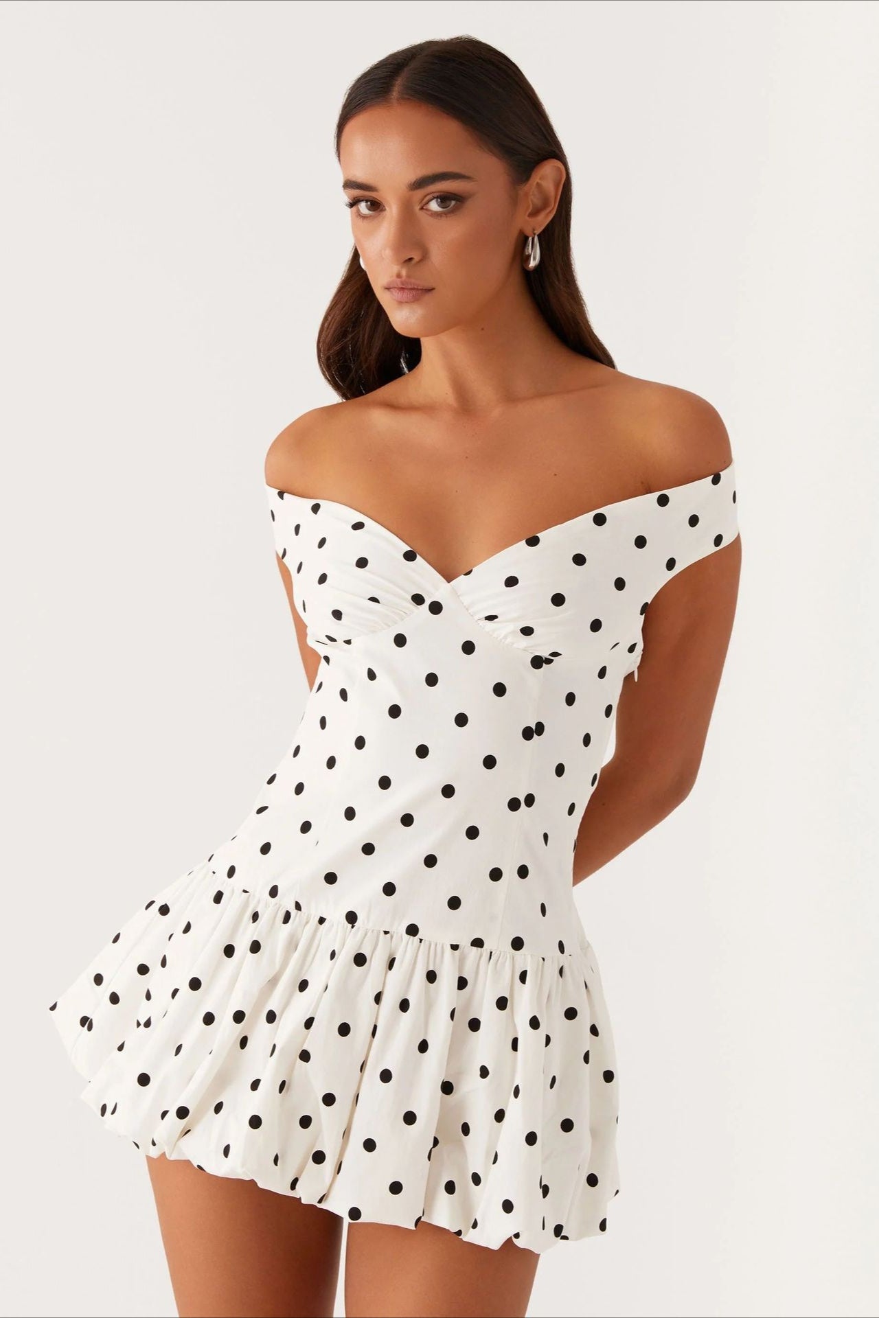 Polka Dot Off Shoulder Sweetheart Ruffle Hem Fit and Flare Mini Dress