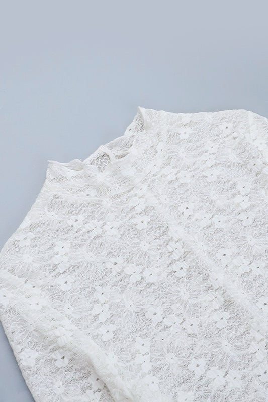 Lace Mock Neck Bell Sleeve Ruffle Hem Mini Dress