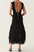 Sleeveless Crew Neck Fitted Bodice Fringe Panel Midi Cocktail Dress