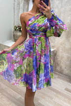 One Shoulder Puff Sleeve Ruched Floral Print Flared A-Line Mini Dress
