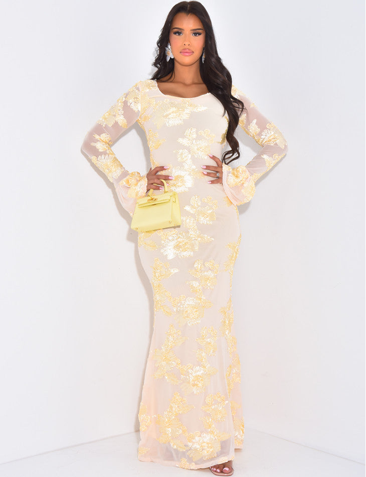 Scoop Neck Sheer Bell Sleeve Floral Sequin Embellished Mermaid Maxi Gown