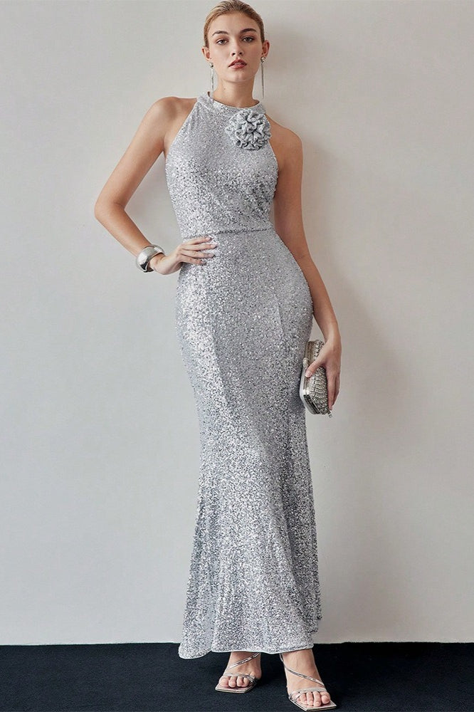 Silver Halter Sequin Mermaid Maxi Dress