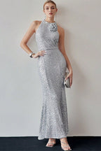 Silver Halter Sequin Mermaid Maxi Dress