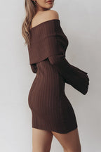 Off Shoulder Ribbed Knit Long Sleeve Flare Cuff Bodycon Mini Sweater Dress