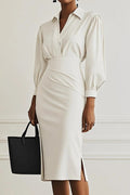 Fashion Lapel Long Sleeve Slim Waist Midi Dress
