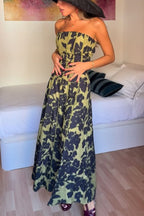 Elara Linen Blend Floral Print Princess Line Design Detachable Sleeves Maxi Dress
