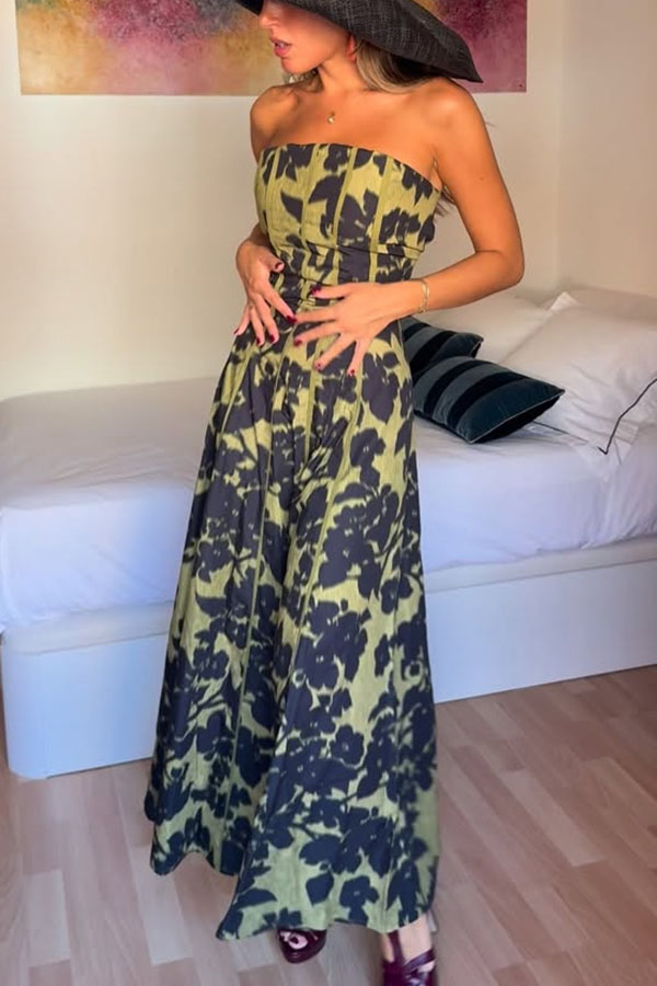 Elara Linen Blend Floral Print Princess Line Design Detachable Sleeves Maxi Dress