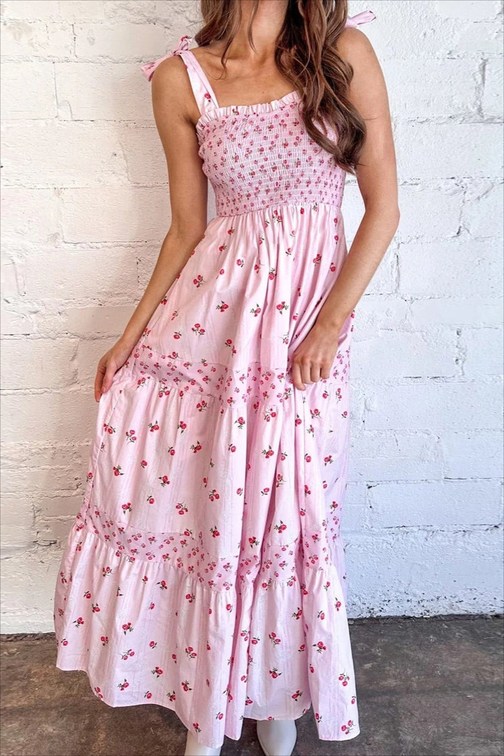 Floral Print Smocked Square Neck Bow Tie Strap Maxi Summer Dress