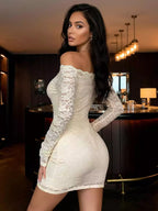 Off Shoulder Floral Lace Bodycon Long Sleeve Mini Party Dress For Women 2026