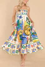 Graphic Print Square Neck Spaghetti Strap Pocket A-Line Maxi Dress