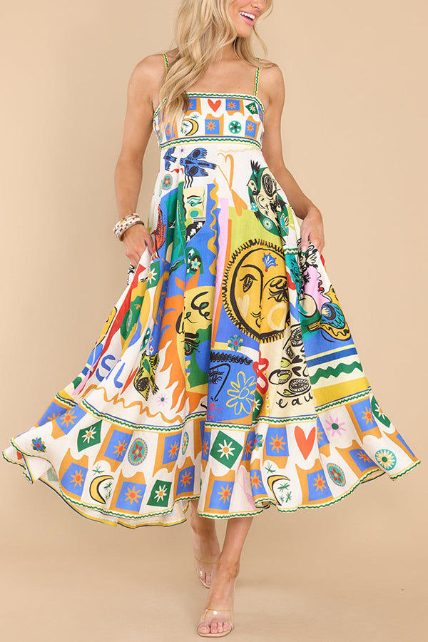 Graphic Print Square Neck Spaghetti Strap Pocket A-Line Maxi Dress