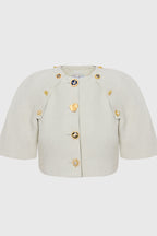 Custom Look Linen Blend Unique Metal Pattern Buttons Slit Half Sleeve Crop Jacket