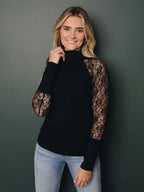 Lace Long Sleeves Tees High Collar Black Sexy Women's Top