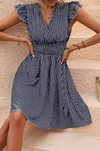 Striped V-Neck Ruffle Cap Sleeve Smocked Waist A-Line Mini Dress