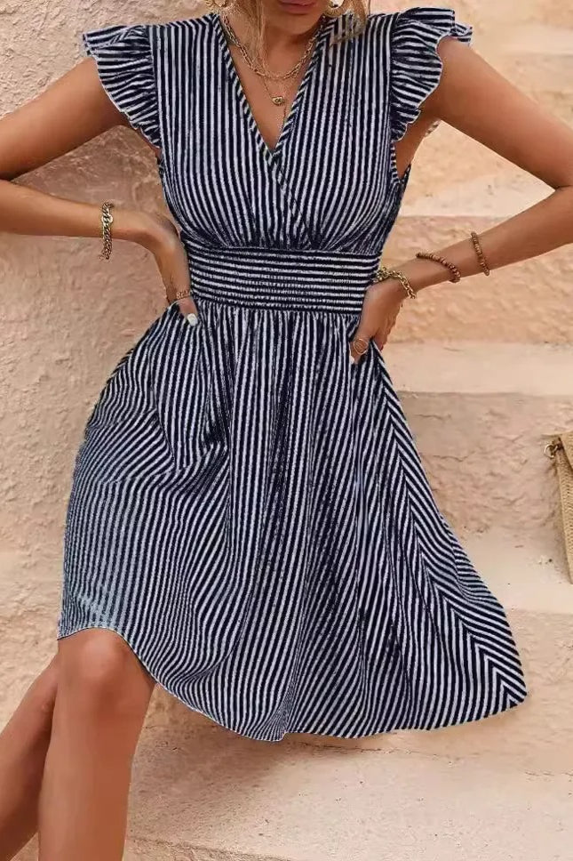 Striped V-Neck Ruffle Cap Sleeve Smocked Waist A-Line Mini Dress