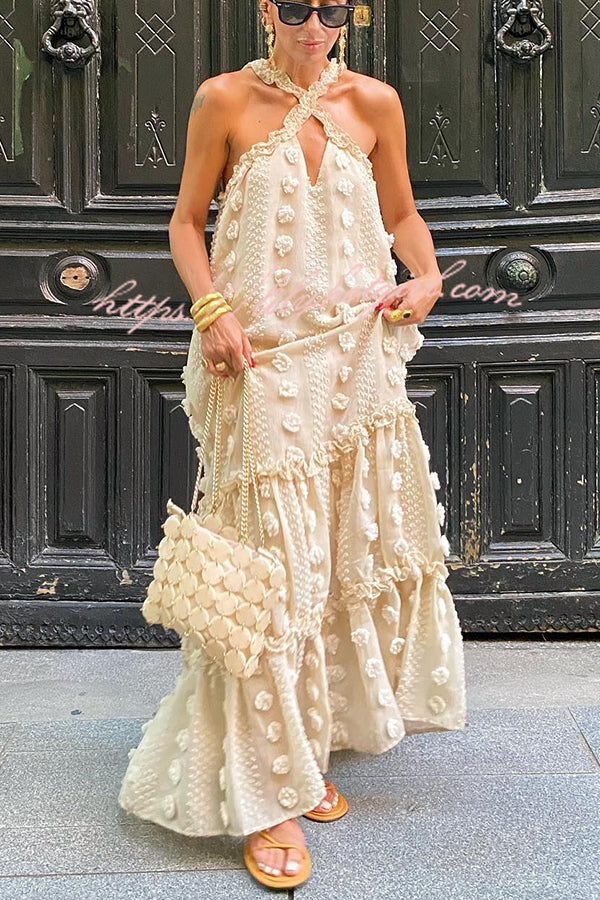 3D Floral Applique Halter Keyhole Tiered Maxi Dress