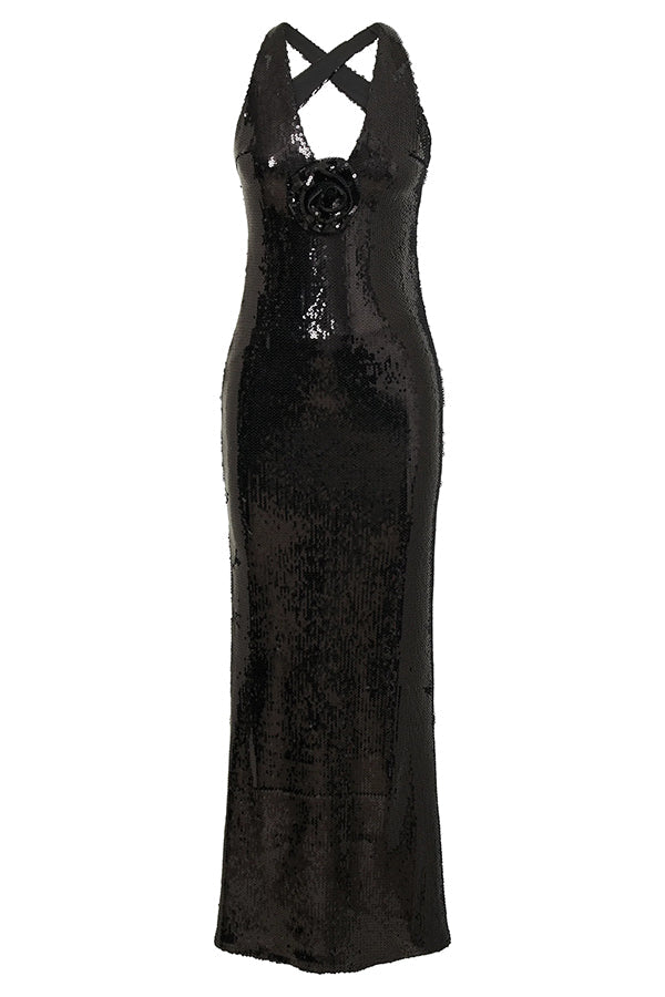 Sequin Deep V-Neck 3D Floral Applique Bodycon Maxi Gown