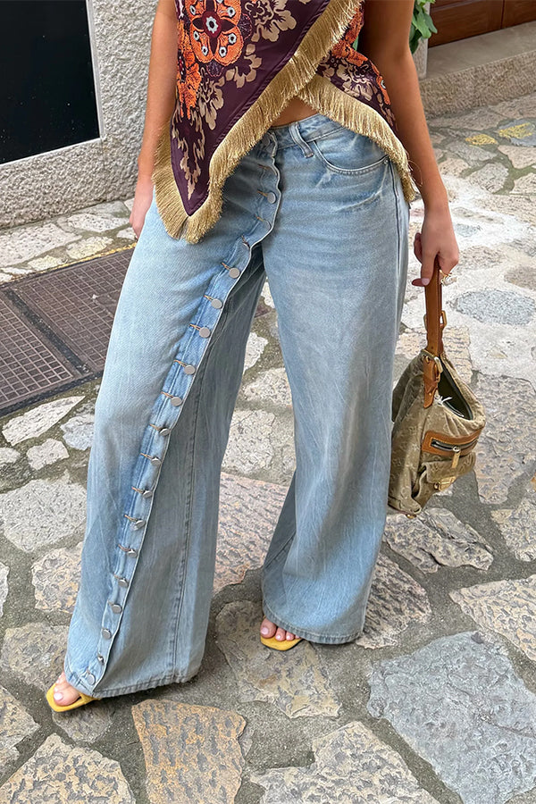 Diagonal Placket Button-down Jeans