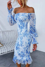 Off Shoulder Smocked Floral Print Sheer Balloon Sleeve Ruffle Hem Midi Dress