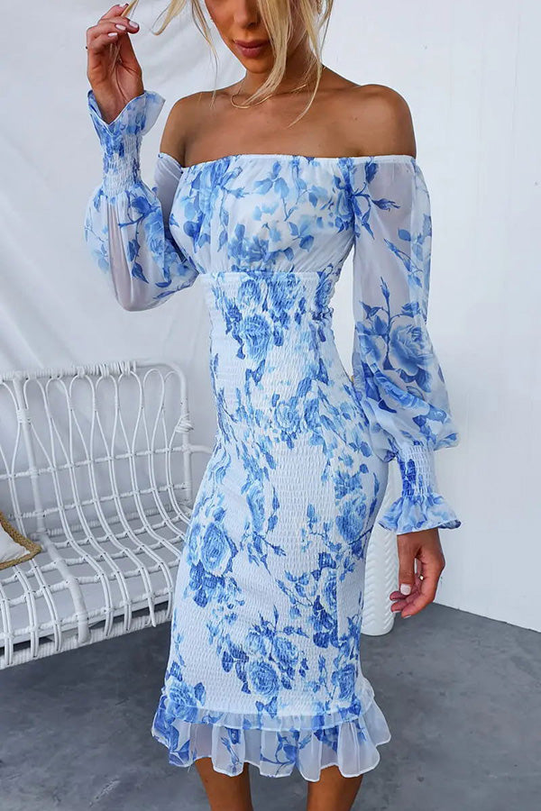 Off Shoulder Smocked Floral Print Sheer Balloon Sleeve Ruffle Hem Midi Dress