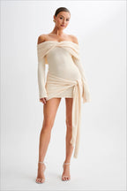 Off Shoulder Tie Knit Sweater Dress