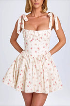 Square Neck Bow Tie Strap Corset Basque Waist Flared Mini Dress