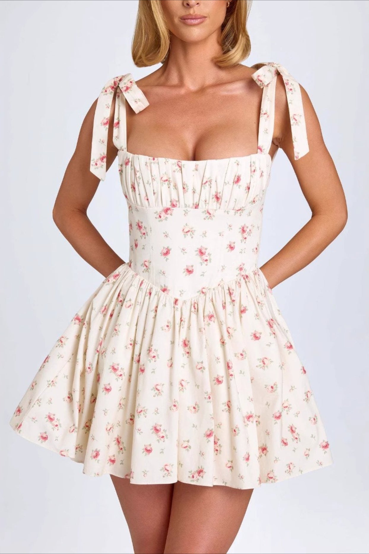 Square Neck Bow Tie Strap Corset Basque Waist Flared Mini Dress