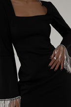 Rhinestone Fringe Bell Sleeve Arched Back Cutout Mini Dress