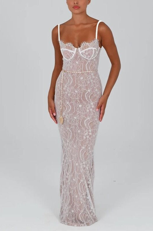 Floral Lace Sweetheart Spaghetti Strap Bustier Bodycon Maxi Dress