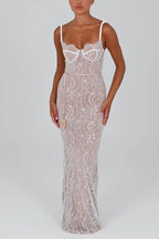 Floral Lace Sweetheart Spaghetti Strap Bustier Bodycon Maxi Dress