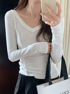 Solid V Neck Seam Detail Slim Long Sleeve Knit