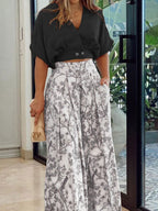 Pant Set Floral Short Sleeves V-Neck Wide Leg Casual 2 Pieces Set