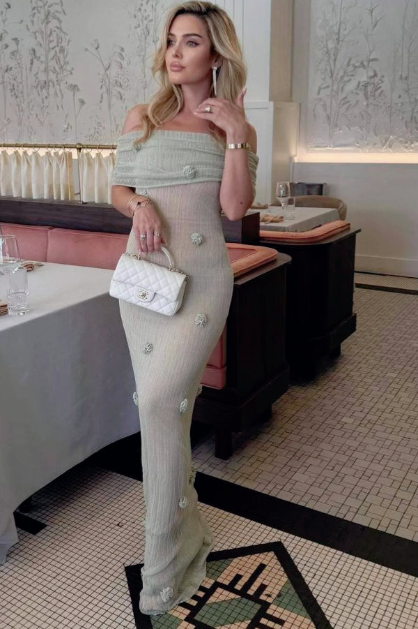 Off Shoulder 3D Floral Rosette Mesh Column Maxi Gown