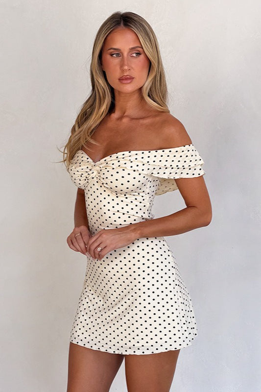 Off Shoulder Polka Dot Twist Front Ruffle Sleeve Bodycon Mini Dress