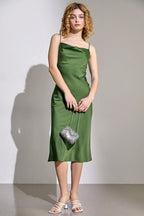 Cowl Neck Spaghetti Strap Satin Slip Midi Dress