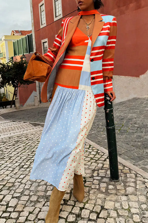 Vibrant Touch Color-blocked Polka Dot Print Slip Pleated Hem Maxi Dress