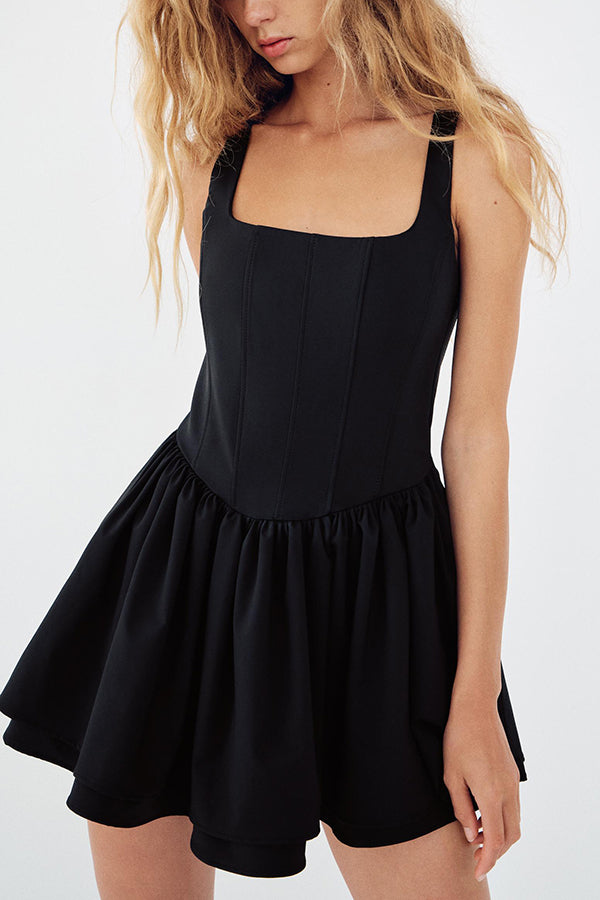 Velvet Square Neck Corset Seam Gathered Fit and Flare Mini Dress