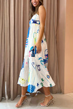 Graphic Print Spaghetti Strap Tiered Eyelet Trim Midi Dress