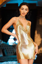 Gold Rhinestone Halter Slip Mini Dress