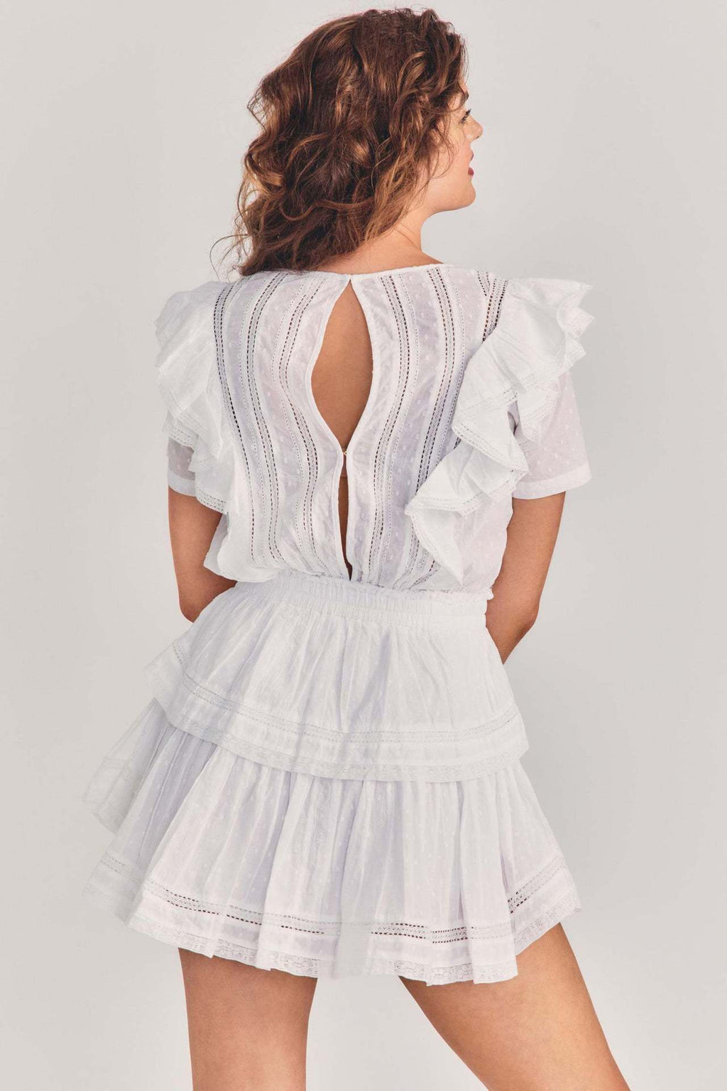 Eyelet Lace Ruffle Sleeve Smocked Waist Tiered Mini Dress
