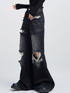 Loose high-waisted versatile straight leg Ripped Jeans
