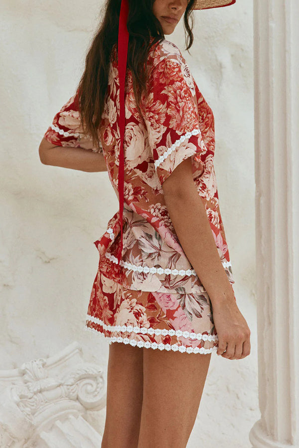 Floral Print Collared Short-sleeved Loose-fitting Shirt and Casual Floral Trim Mini Skirt Set