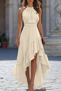 Solid Color Halter Neck Fitted Waist Irregular Ruffle Maxi Dress