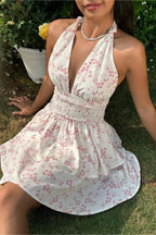 Spaghetti Strap Double Layer Ruffle Backless Ditsy Floral Print Mini Dress