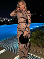 Mock Neck Long Sleeve Abstract Swirl Print Bodycon Maxi Dress