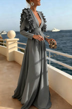 Deep V-Neck Flutter Sleeve Ruched Waistband A-Line Maxi Dress