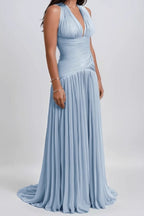 Deep V-Neck Ruched Cross Wrap Accordion Pleat Maxi Formal Gown